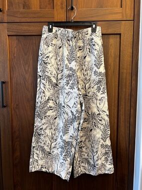 Tahari Women’s Black & White Botanical Print Wide-Leg Linen Pants size M
